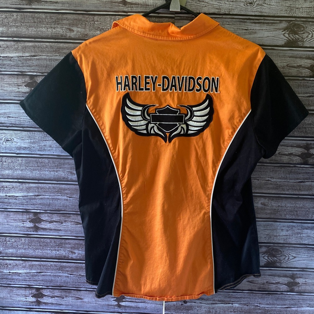 Harley-Davidson Women's Short-Sleeved Zip-Up Top Size L Orange Black Logo - Picture 2 of 7